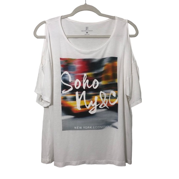 NEW YORK & CO Cold Shoulder SoHo Colorful Graphics Tee Sz XL - Picture 2 of 12